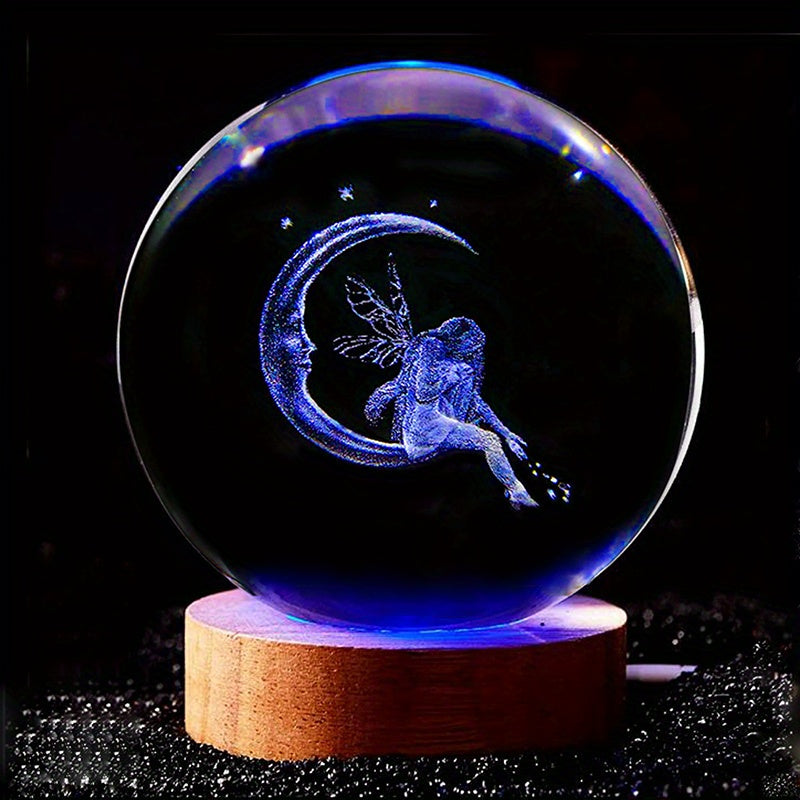 1pc Crystal Ball Multi-coloured Night Light, 3D Moon & Fairy Laser Engraved Night Light, For Girlfriend Classmate Wife Creative Birthday Gif