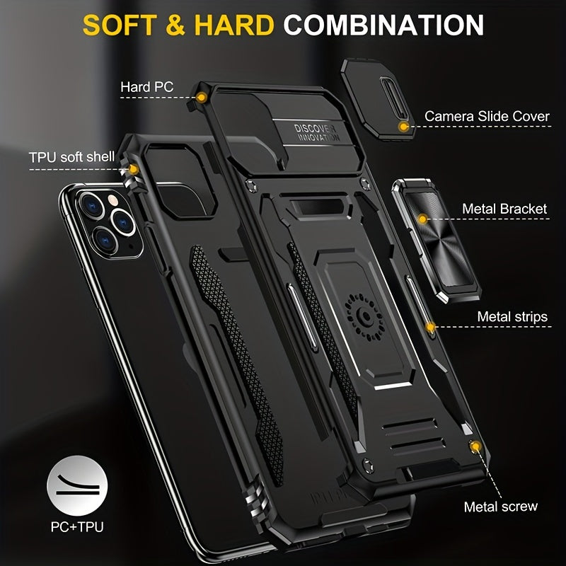 Military Grade Anti-drop Phone Case For IPhone 11 12 13 14 15 Pro Max 14 15 Plus Back Cover Case PC + TPU With Camera Protection Ring KickSt