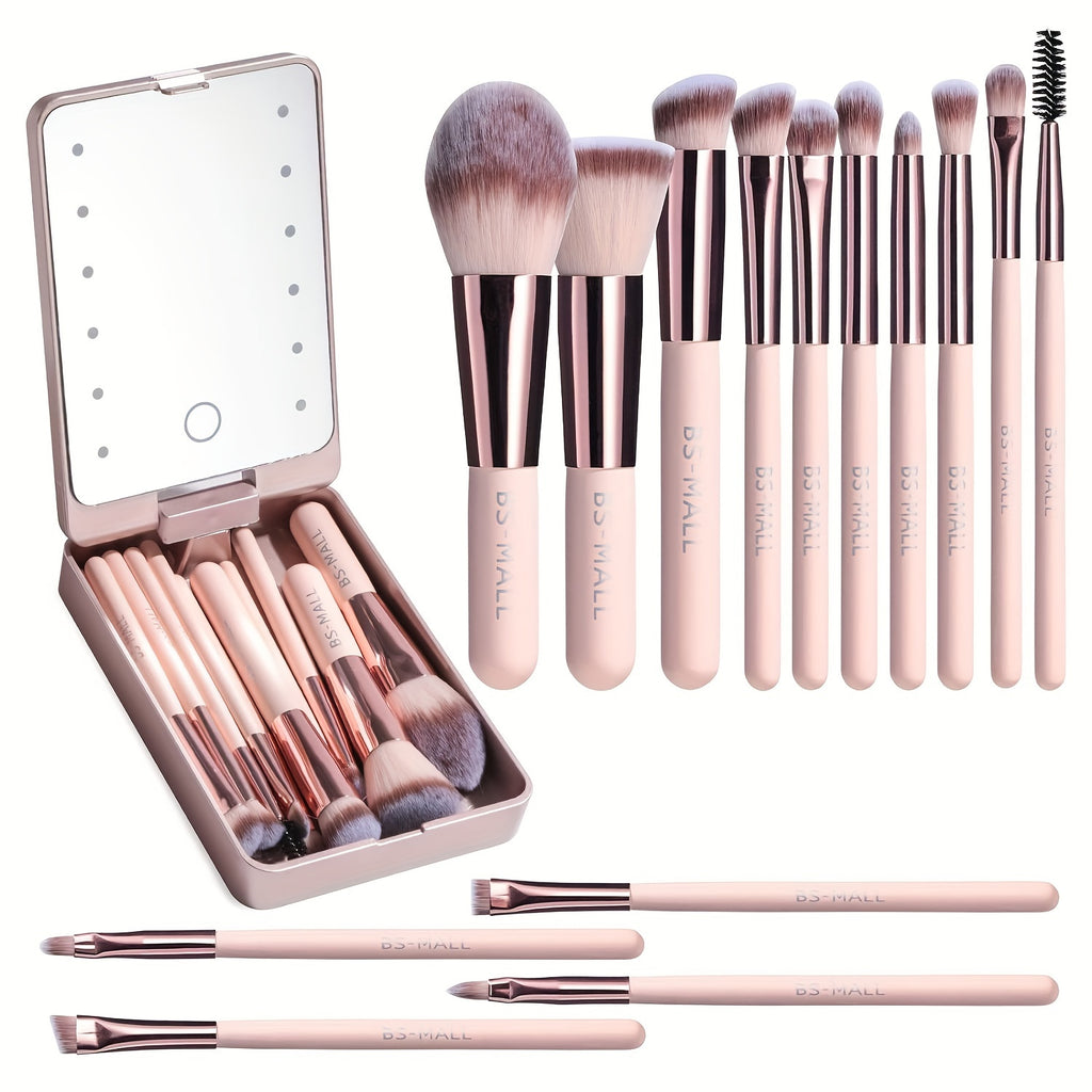 Travel Makeup Brush Set Foundation Powder Concealers Eye Shadows Makeup Set with LED Light Mirror 14 Pcs Mini Makeup Brushes, Valentine's Da