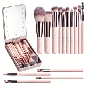 Travel Makeup Brush Set Foundation Powder Concealers Eye Shadows Makeup Set with LED Light Mirror 14 Pcs Mini Makeup Brushes, Valentine's Da