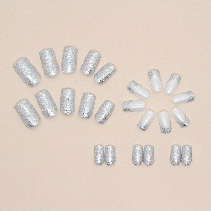 24pcs Glossy White Sequin Press On Nails with Full Coverage and Glitter - Perfect for Women and Girls