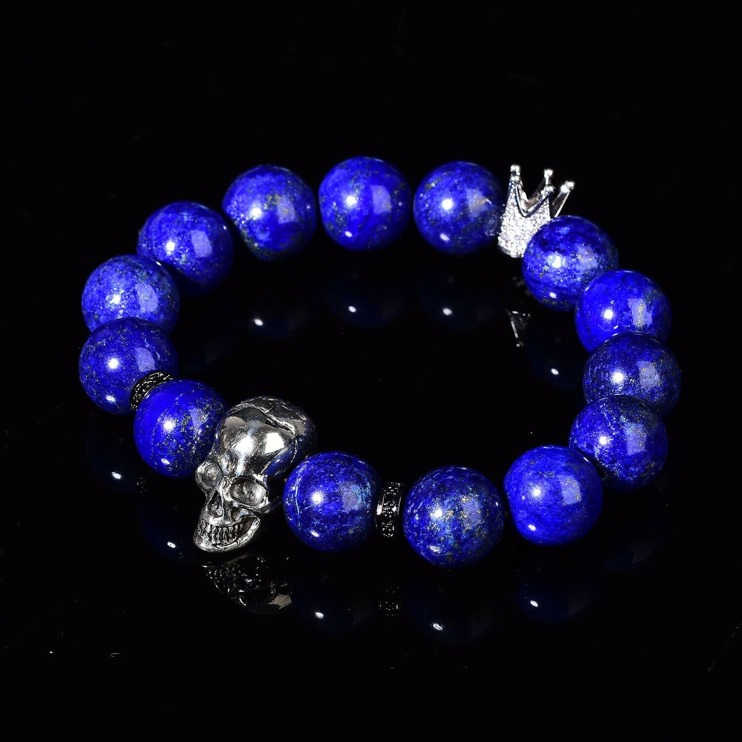 Blue Lazurite Quartz Bracelet Reiki Lapis Skull Healing Crystal Crown 14 Beads