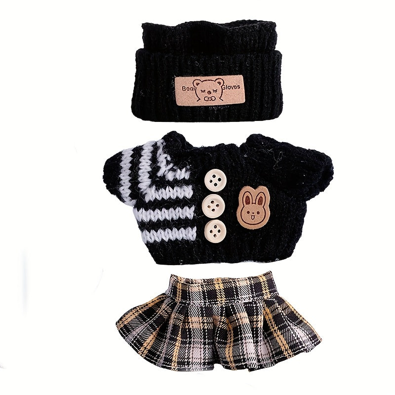 17cm Labubu Doll Clothes For With 3 Outfits - Stylish Fisherman Hat & Sweaters & Pants Or Skirt Set For 17cm Dolls, Adorable BuLabu Accessories For Play & Display (Not Included Shoes & Doll)