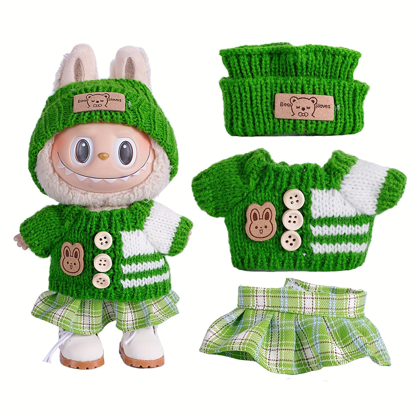 17cm Doll Clothes For Labubu With 3 Outfits - Stylish Fisherman Hat & Sweaters & Pants Or Skirt Set For 17cm Dolls, Adorable Labubu Accessories For Play & Display (Not Included Shoes & Doll)