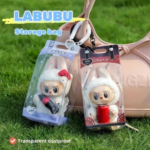 1pc LABUBU Storage Box with Transparent Dustproof Bag and Spring Keychain - High-Quality Clear Plastic Display Case Suitable for LABUBU, CRYBABY, and Winter Rhapsody Plush Toys - Collector's Gift Toy Storage Box Visible Content Design