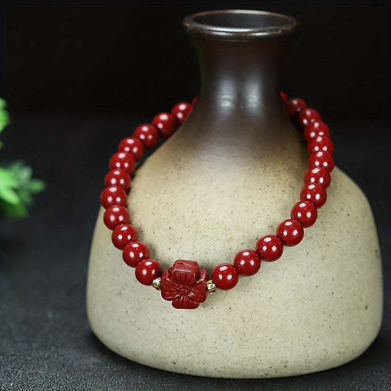 Men's Classic Cinnabar Round Beads Bracelet, Gift For Family And Friends, Holiday Birthday Gift For Boyfriends / Girlfriends