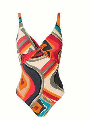 Plus Size Elegant Tankini Set, Women's Plus Geo Print Twist Front One Piece Swimsuit & Knot Side Cover Up Skirt Bathing Suit 2 Piece Set