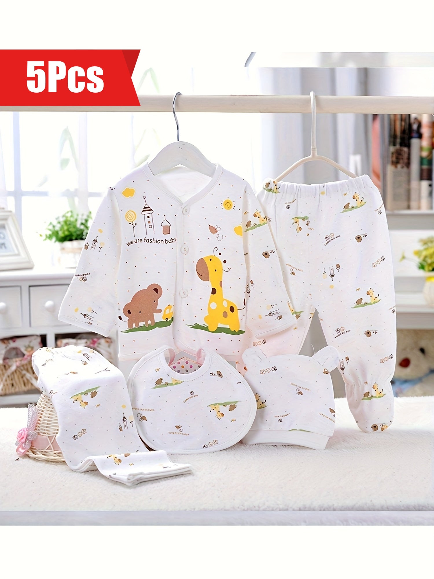 Newborn Baby 5pcs Outfit Pregnancy Gifts - Cardigan Top Trousers Bib Hat Set Cute Cartoon & Cotton Soft Comfy Baby Supplies Outdoor Clothes