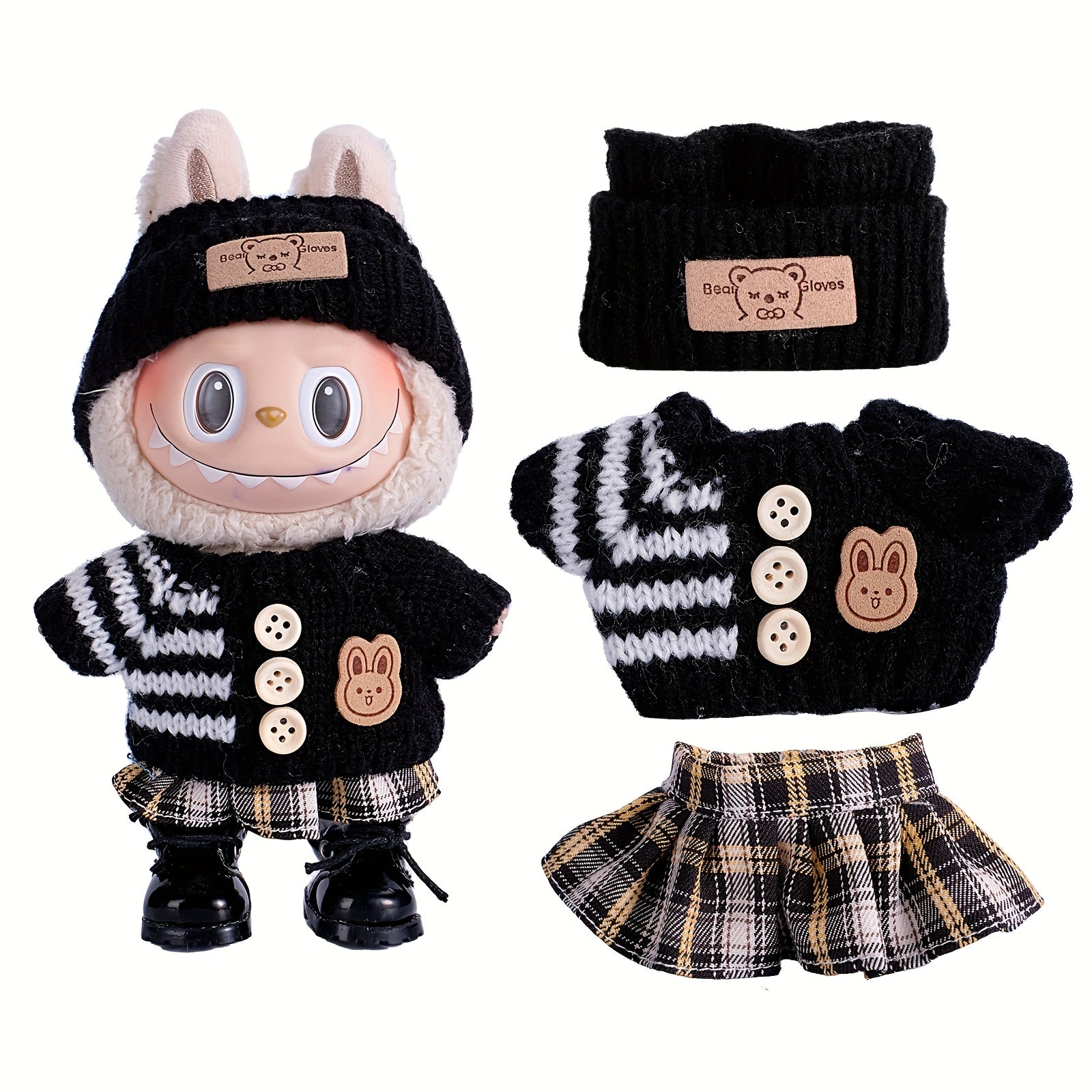 17cm Doll Clothes For Labubu With 3 Outfits - Stylish Fisherman Hat & Sweaters & Pants Or Skirt Set For 17cm Dolls, Adorable Labubu Accessories For Play & Display (Not Included Shoes & Doll)