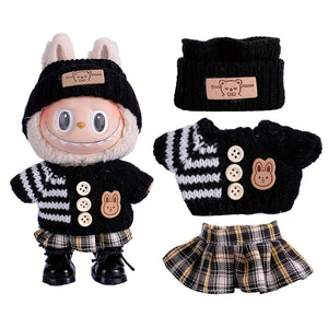 17cm Doll Clothes For Labubu With 3 Outfits - Stylish Fisherman Hat & Sweaters & Pants Or Skirt Set For 17cm Dolls, Adorable Labubu Accessories For Play & Display (Not Included Shoes & Doll)