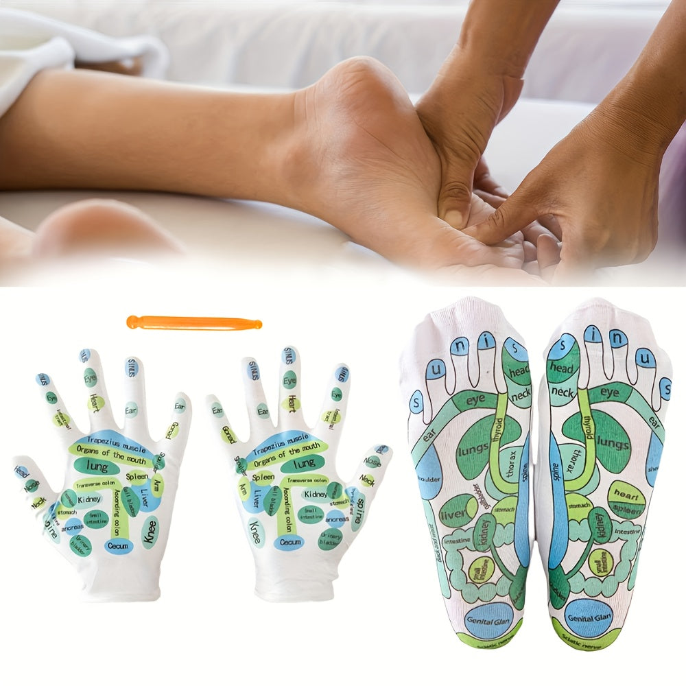 1set Hand And Foot Massage Set Hand Reflexology Gloves Reflection Area SPA Sock With Point Pen Foot Massage Socks For Men, Short Socks