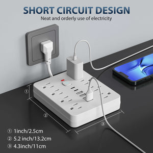 14-in-1 Power Strip with Surge Protection and One-Touch Control Switch - 4 Spacious AC Outlets with 6 USB Ports (including 2 Type-C) - Wall-