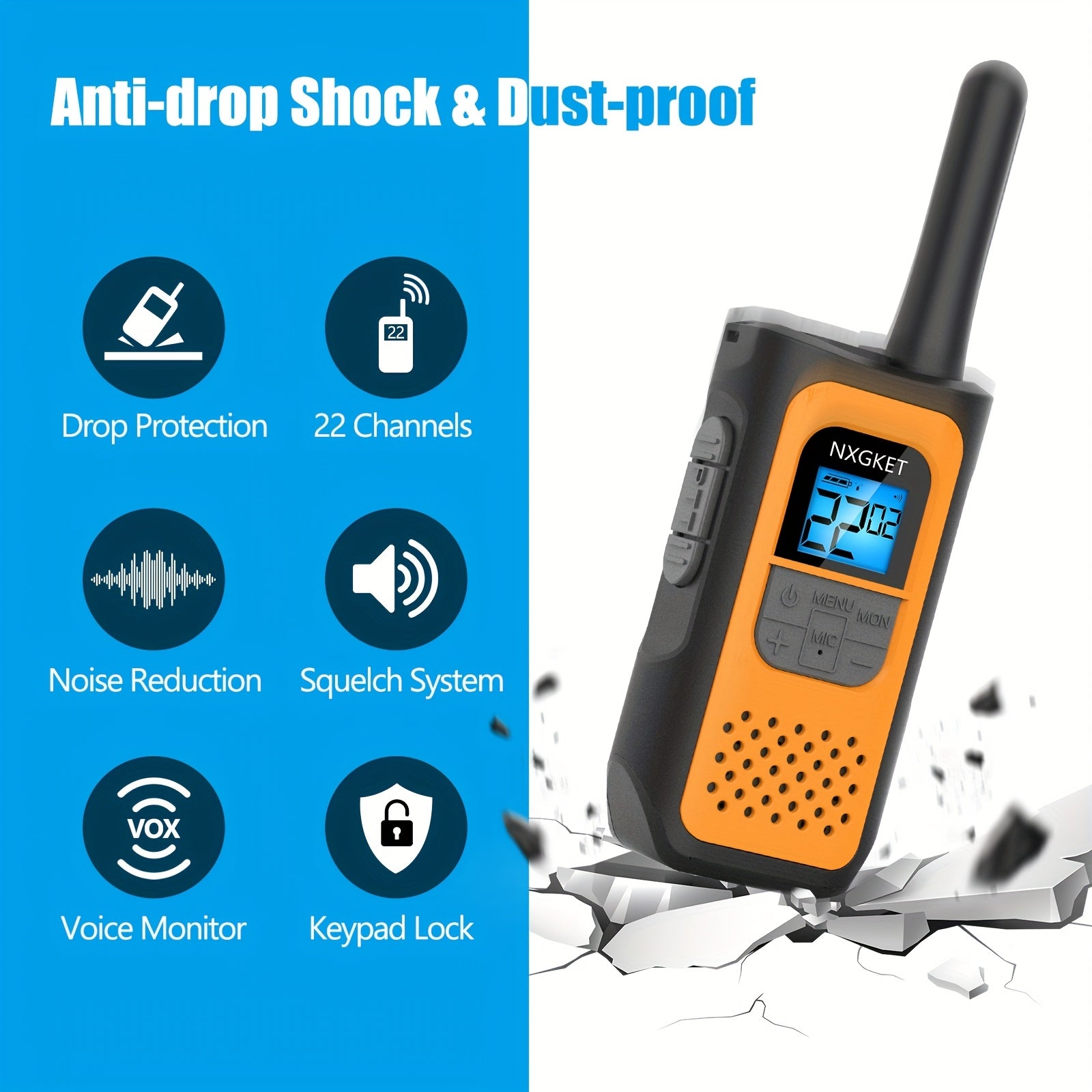 NXGKET Walkie Talkies for Kids Adults, Rechargeable Long Range Walkie Talkie Two Way Radios 22 Channels with 1200mAh Li-ion Battery USB-C Cable for Family Outdoors Camping Hiking
