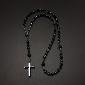 1pc Natural Stone 8mm Tiger Eye Stone Rosary Black Gallstone Cross Men's Raw Stone Necklace