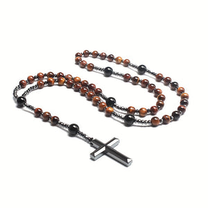 1pc Natural Stone 8mm Tiger Eye Stone Rosary Black Gallstone Cross Men's Raw Stone Necklace