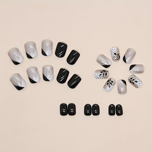 24pcs Glossy Short Square  Fake Nails, Black White Press On Nails With Butterfly Leaves Design, Sweet Cool Full Cover False Nails For Women