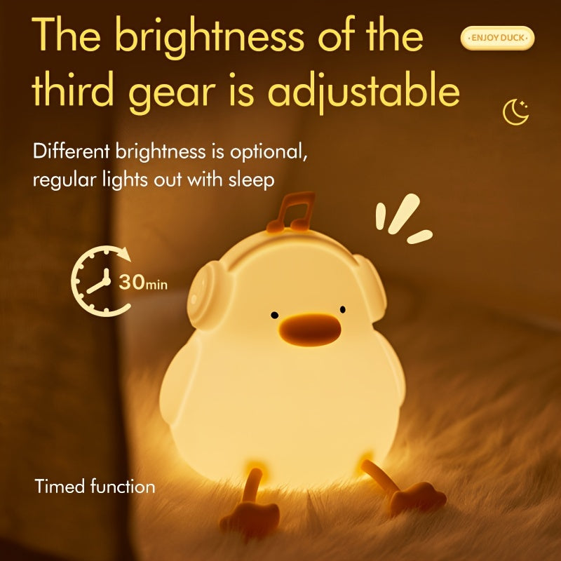 Happy Duck Enjoy Duck Silicone Night Light Is a Smart Patting Light That Is USB Rechargeable, Perfect for Bedside Use. It Features Touch Sensitivity, Adjustable Brightness in Three Levels, And a Timer, Making It an Ideal Decorative Lamp for Rooms. This Cu