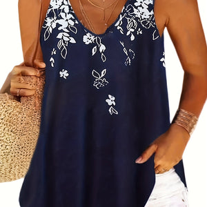 Versatile Plus Size Floral V-Neck Tank Top - Comfortable Stretch Knit, Perfect for All Seasons