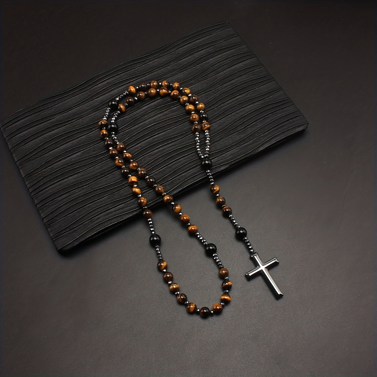 1pc Natural Stone 8mm Tiger Eye Stone Rosary Black Gallstone Cross Men's Raw Stone Necklace