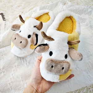 Women's Cartoon Cute Cow House Slippers, Warm Plush Lined Home Slippers, Women's Cozy Indoor Shoes