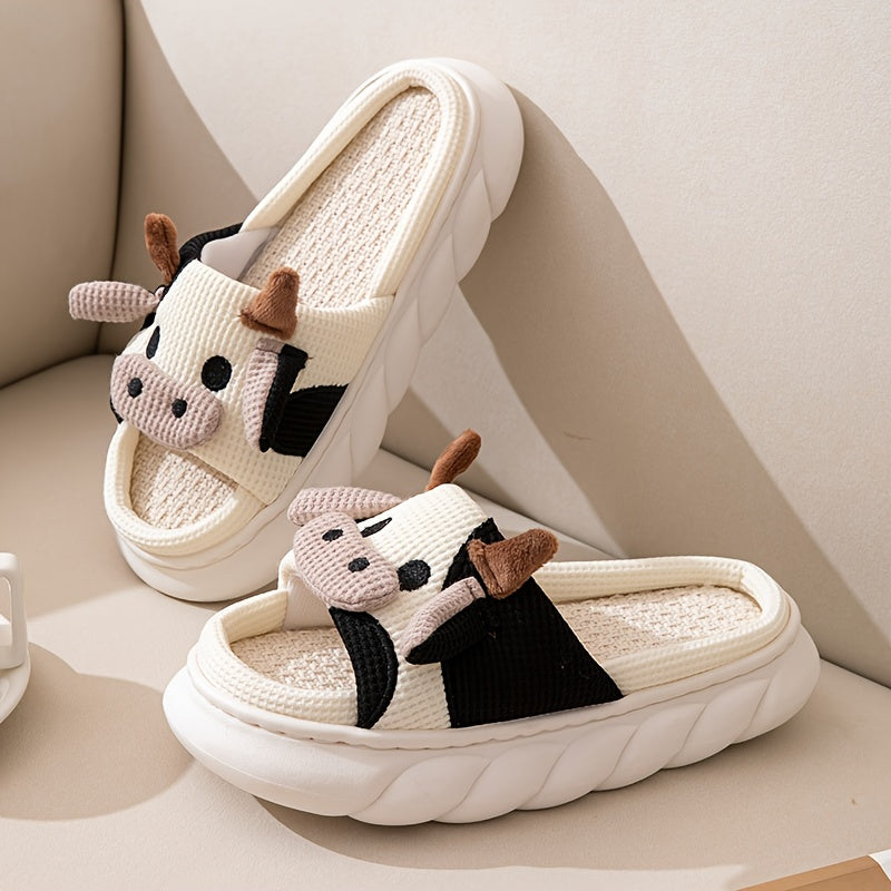 Women's Cartoon Cute Cow House Slippers, Platform Soft Sole Anti-slip Warm Plush Home Slides, Women's Indoor Cozy Shoes