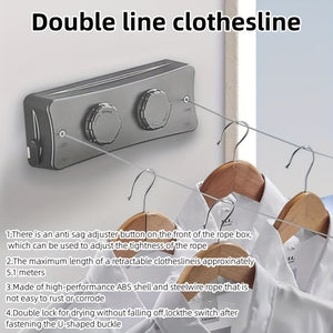 [Popular Choice] Adjustable 5.1m Stainless Steel Retractable Double Line Clothesline - Durable Indoor Invisible Roll-Up Drying Rope with Ant