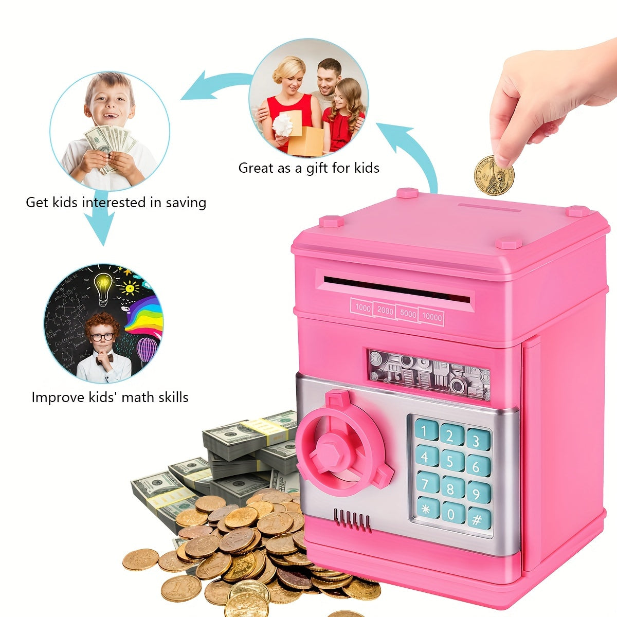 Piggy Bank For Girls Boys Large Electronic Money Coin Banks With Password Protection, Automatic Paper Money , Great Gift For Kids (Blue/Gold