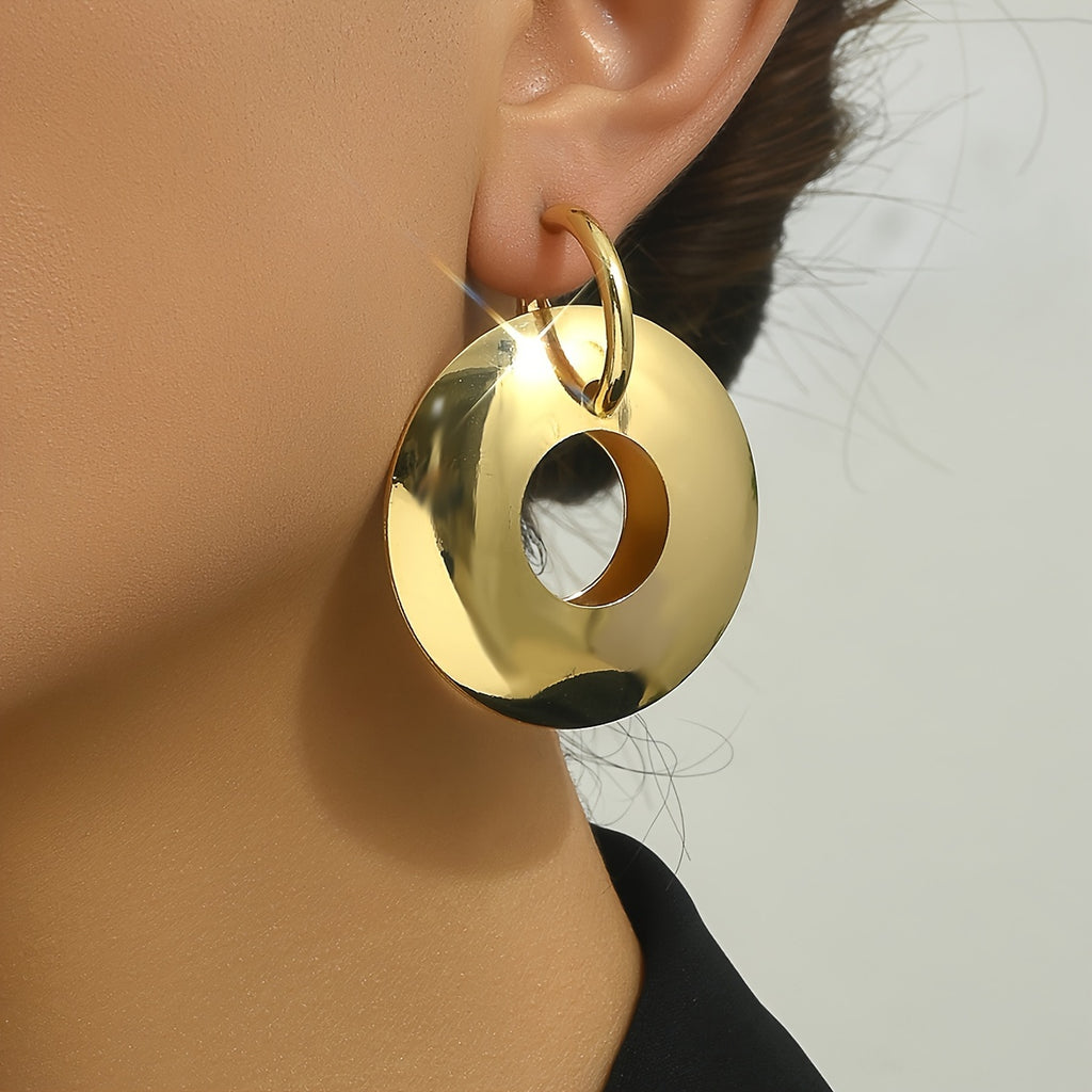 Big Round Ring Dangle Earrings Stylish Metal Feeling Glossy Alloy Jewelry Golden Hollow Out Earrings