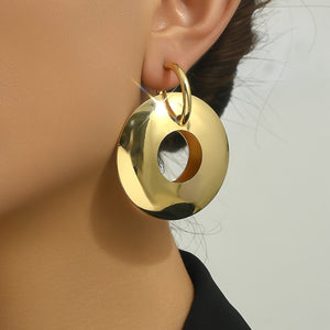 Big Round Ring Dangle Earrings Stylish Metal Feeling Glossy Alloy Jewelry Golden Hollow Out Earrings