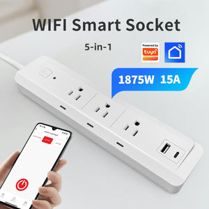Tuya Smart Three-Socket WiFi Smart Plug Power Strip Independent Socket Control USB-A + C Port Remote Control Smart Home Management Voice-activated Energy-saving Timer Function Wall-mountable Suitable for Office School and Dormitory Use