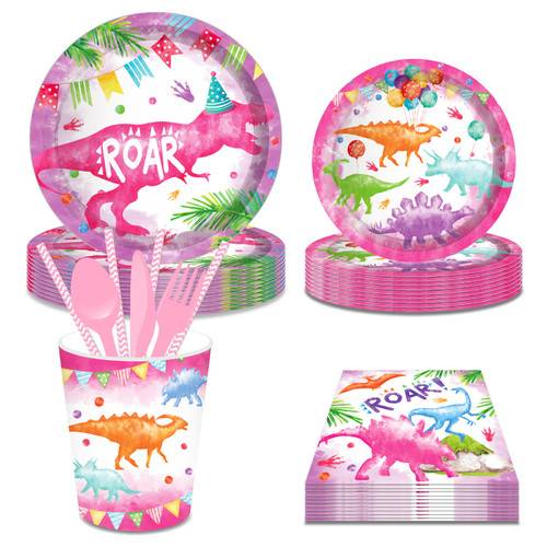 Pink Dinosaur Girl Paper Plates Party Supplie Plates Napkins Tableware 68PCS Set US Local Shipping