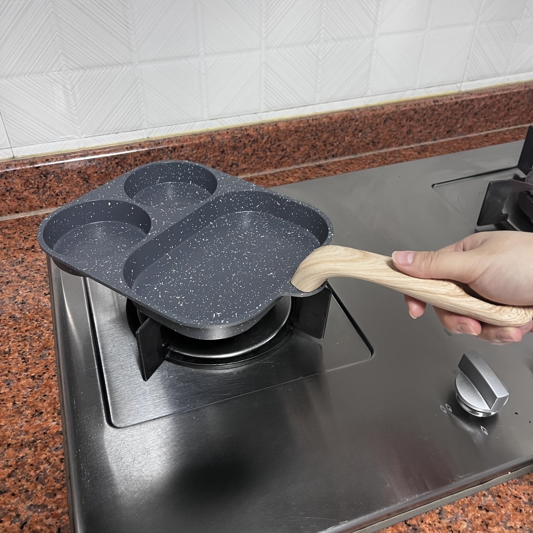 Versatile Non-Stick Aluminum Alloy Frying Pan, Dual Compartment for Eggs & Toast - Rust-Resistant with Wooden Handles, Perfect for Gas & Ind