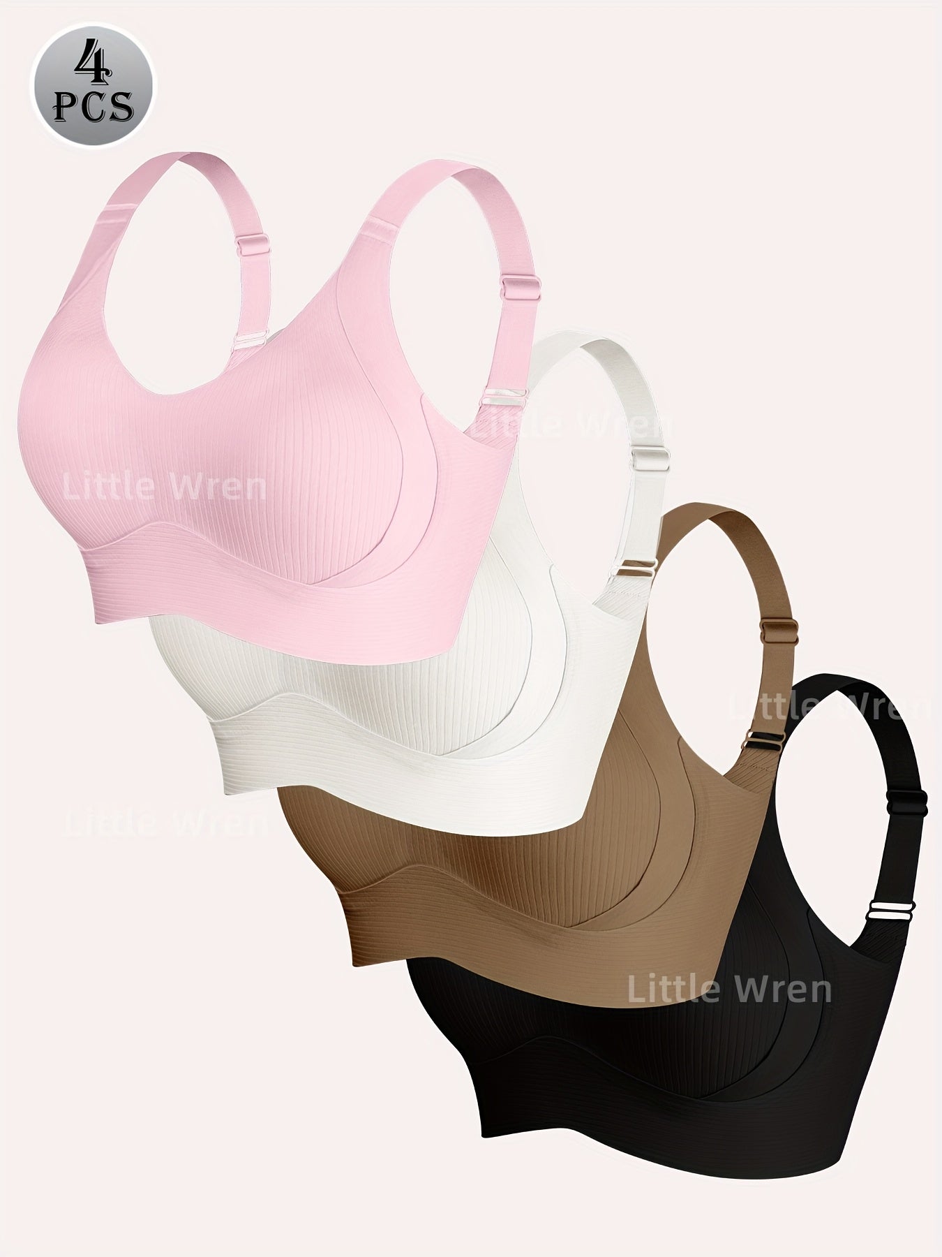 4pcs Seamless Bralettes for Women - Elegant Nylon & Elastane Blend, Comfortable Wide Straps, Soft Support, No Underwire - Available in Beige, White, Black, Casual Lingerie|Wide Strap Bra|Wirefree Comfort
