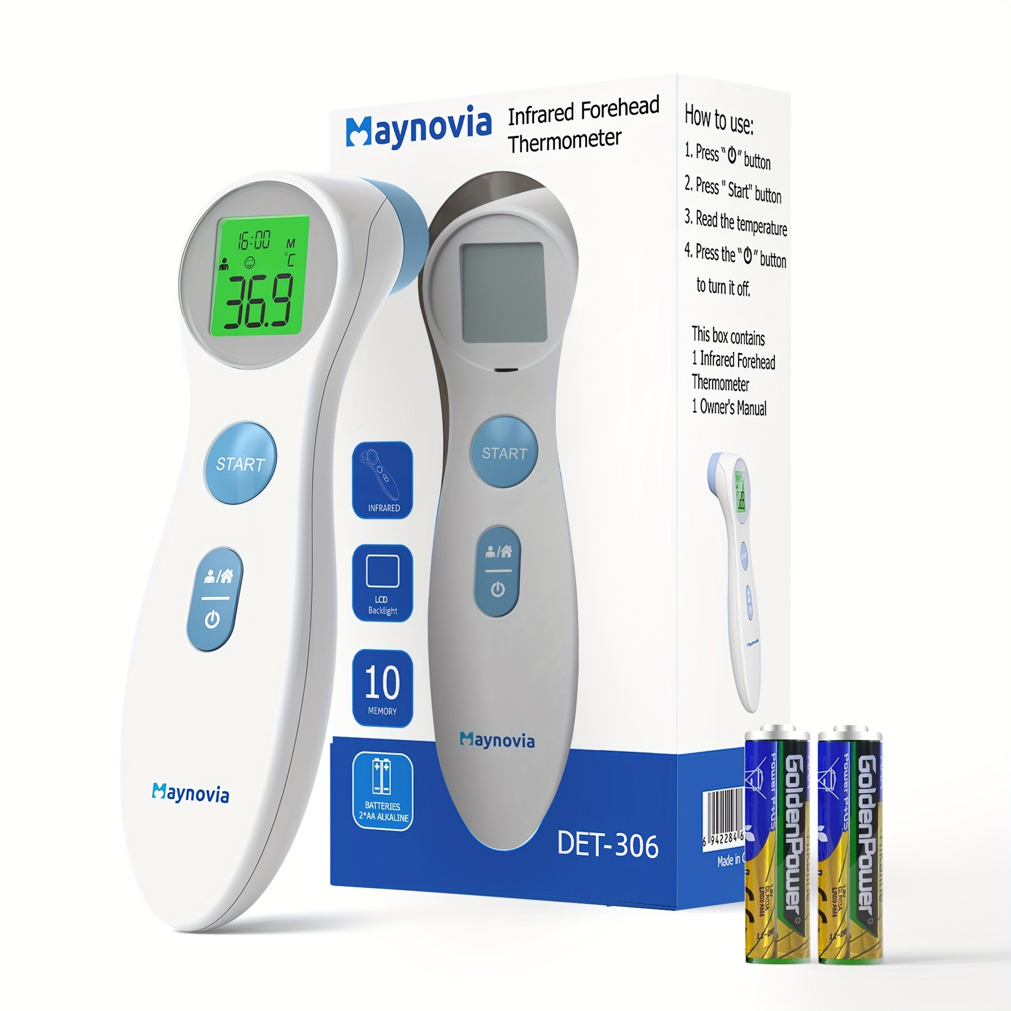 Maynovia Non-Contact Digital Infrared Thermometer for Adults and Children - 1 Second Quick Detection of Fever on Forehead and Ears with LCD Display, Battery Operated, 2 AAA Batteries Delivered, Ideal for Home Health Care