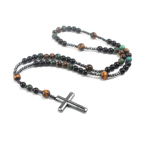 Natural Stone Tiger Eye Faux Turquoise Agate Necklaces Round Bead Necklace With Cross Pendant For Men