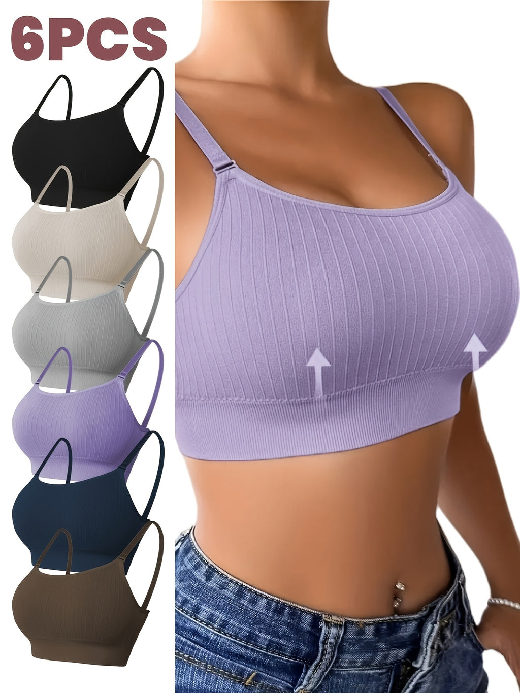 [Seamless Sports Bras] 6pcs Seamless Sports Bras - Breathable, Wire-Free Adjustable Straps & Removable Pads for Yoga & Fitness