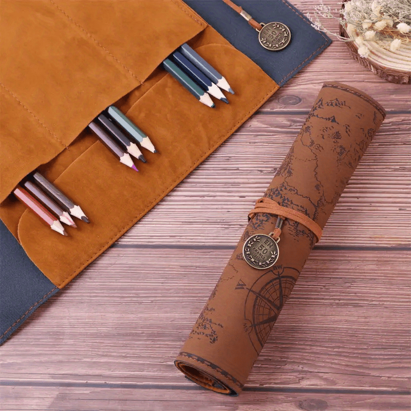 Creative Treasure Map Retro Pencil Case Leather Large Capacity Roll Pencil Bag Embossed Buckle Simple Stationery Box Roll Portable Pencil Dr