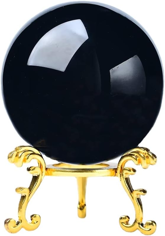 Yooperlite Ball Crystal Ball with Stand Natural Fluorescent Sodalite Sphere Healing Gemstone Globe Room Decor Energy Sphere Rocks Mineral (Black Obsidian,55-60mm)