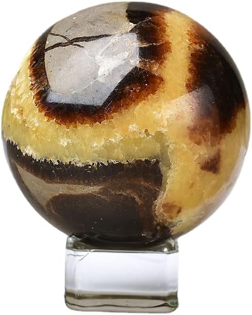 Yellow Septarian Ball Healing Septerye Gemstone Sphere with Glass Stand Meditation Chakra Room Decor Office Gift Energy Crystals Reiki Stones Collectible Sphere Stone Rocks Mineral (60-65mm)
