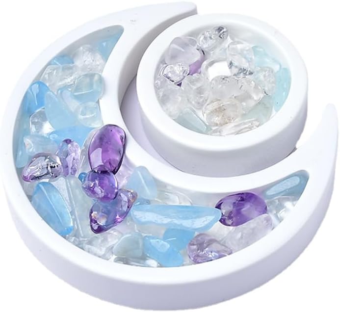 Crescent Moon Tray Crystal Holder Crystal Display for Stones Storage Moon and Star Trinket Tray Celestial for Room Decor (Small White Moon and Sun)