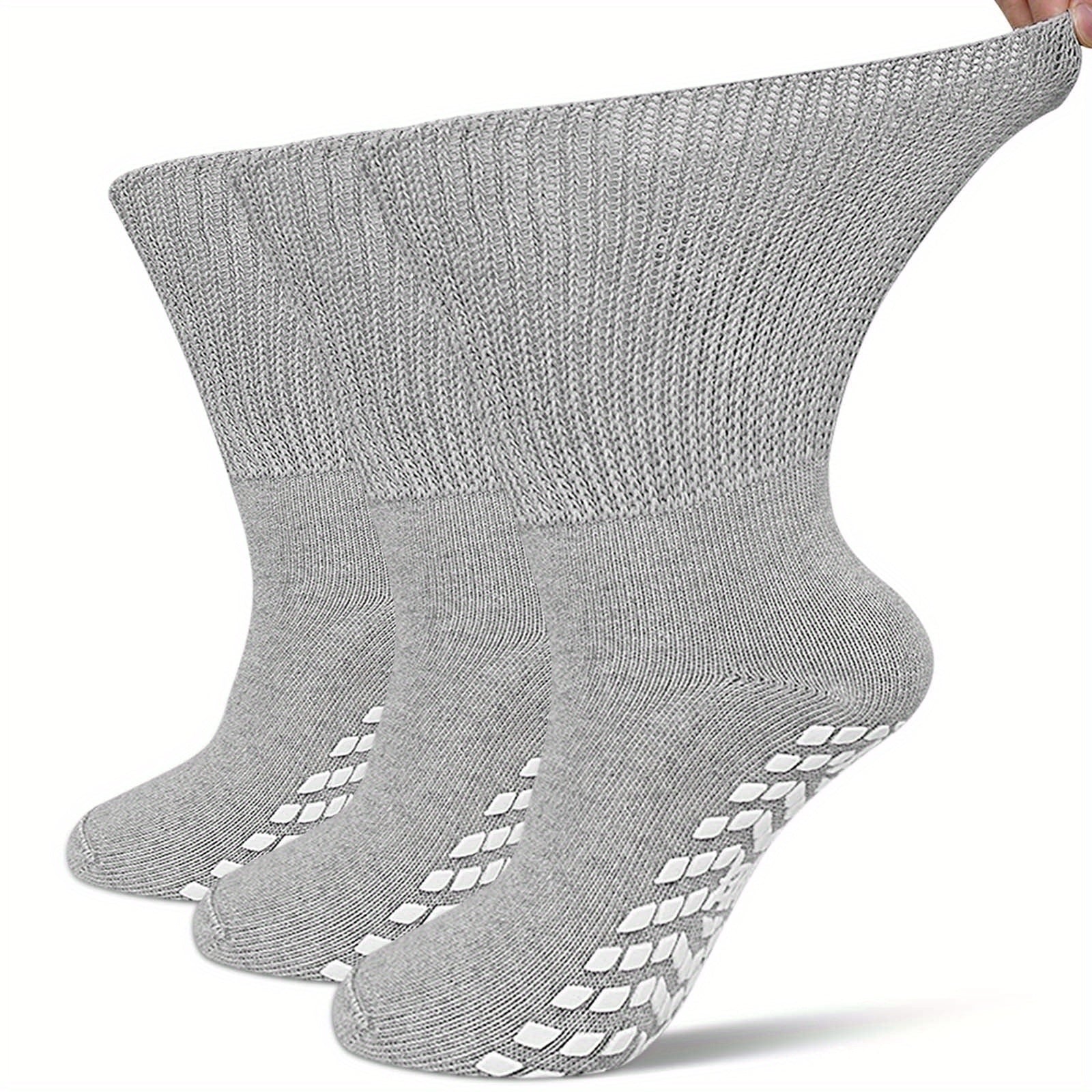 [3 Pairs Diabetic Socks] 3 Pairs Non Slip Diabetic Socks for Men Women, Extra Wide Calf Socks for Swollen Feet, Hospital Socks with Gripper, Size 10-13, White