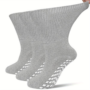 [3 Pairs Diabetic Socks] 3 Pairs Non Slip Diabetic Socks for Men Women, Extra Wide Calf Socks for Swollen Feet, Hospital Socks with Gripper, Size 10-13, White