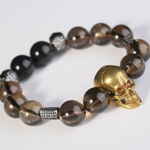 Brass Skulls Bracelets Smoky Quartz Citrine Gothic Men Fashion Crystal Beads