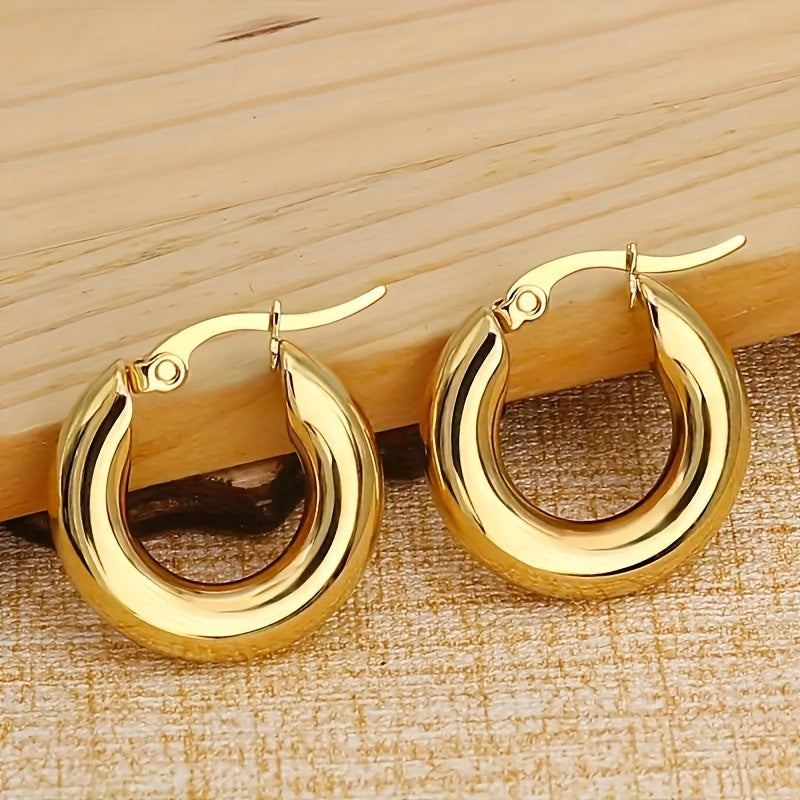 Fashionable Stainless Steel Round Thick Loop Earrings, Plated With 18K Golden Glossy Round Earrings, Perfect For Anniversary Birthday Gifts