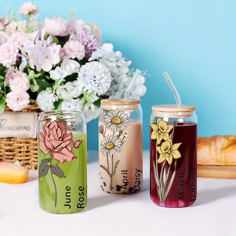 1pc, DIY Personalized Birth Flower Coffee Cup, Birth Flower Glass Tumbler, Bridesmaid Proposal, Gifts For Her, Party Favor, Suitable As Gift