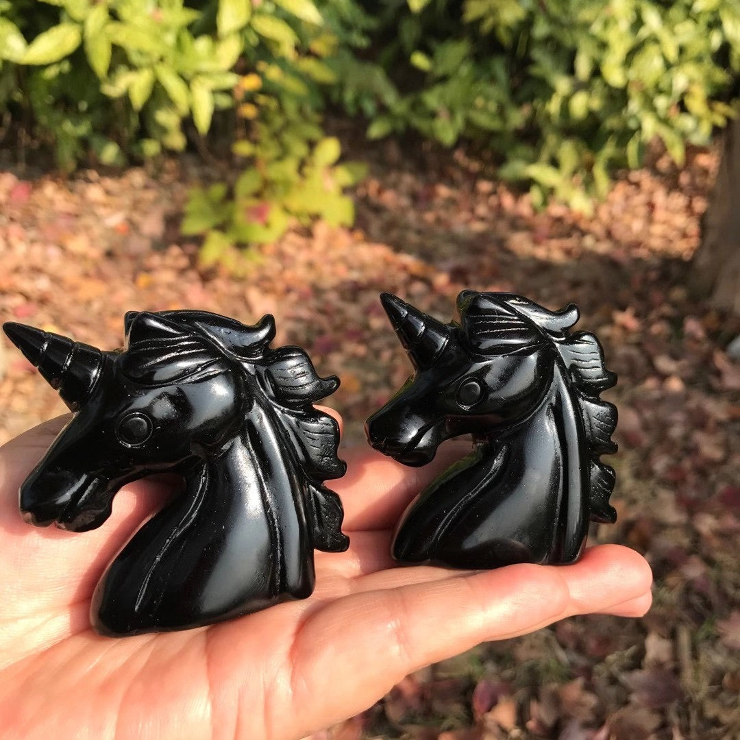 60mm Hand Carved Black Obsidian Unicorn Protection Stone Crystal Animal Crystal Healing Crystal Reiki