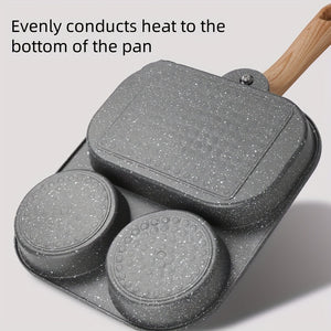 Versatile Non-Stick Aluminum Alloy Frying Pan, Dual Compartment for Eggs & Toast - Rust-Resistant with Wooden Handles, Perfect for Gas & Ind