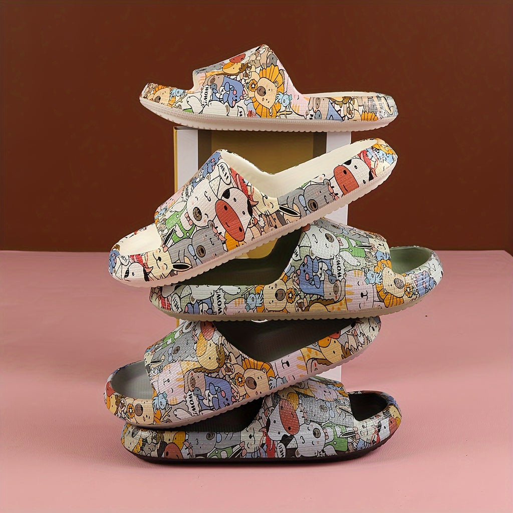 Fashionable Women's Cartoon Graffiti Slides - Summer Thick Sole EVA Slippers, Open Toe, Machine Washable, Trendy One-Strap Design