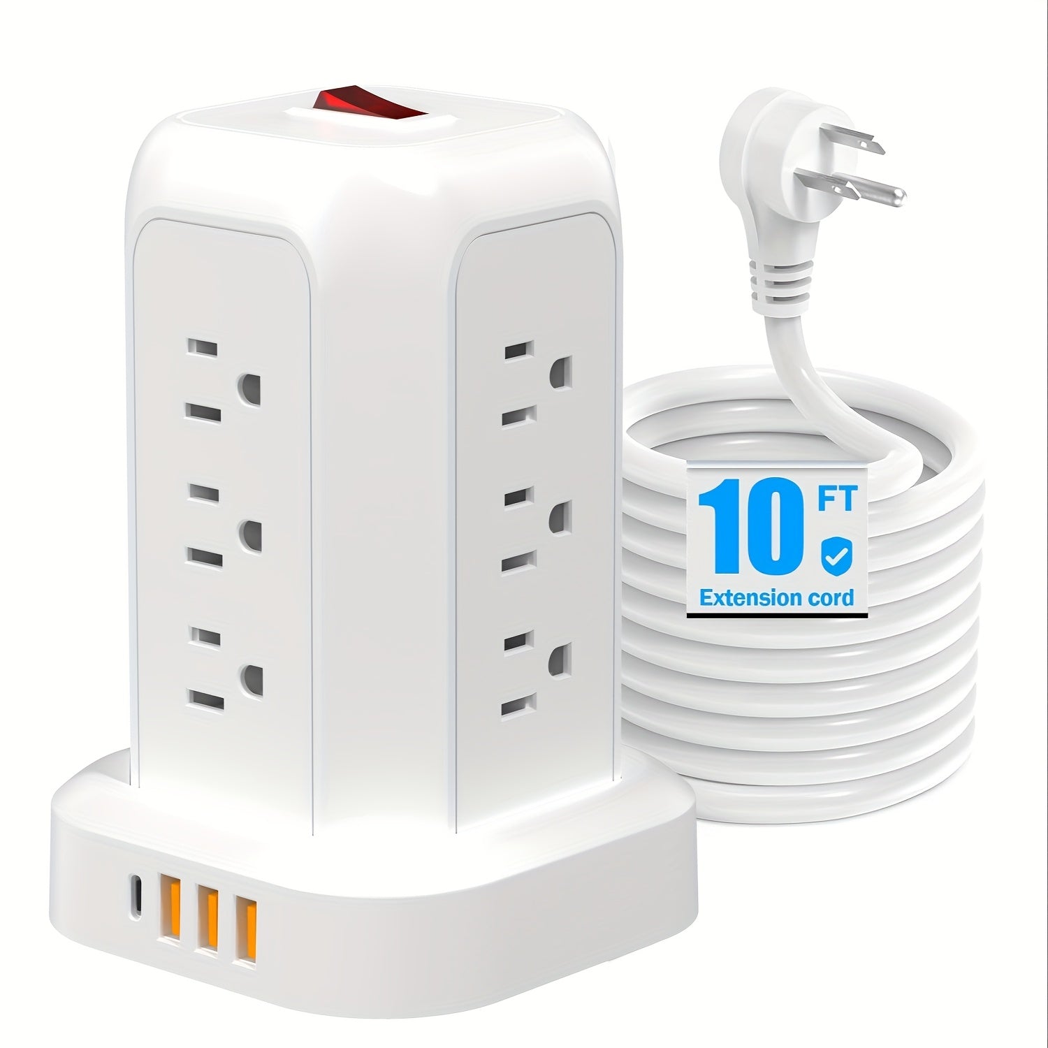 Power Strip Tower Surge Protector, Desktop Charging Station, 10ft Extension Cord, 3-Prong, Grounded, with 12 AC Outlets, 4 USB Ports, Multiple Protections for Home, Office, Dorm Room, Black And White