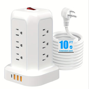 Power Strip Tower Surge Protector, Desktop Charging Station, 10ft Extension Cord, 3-Prong, Grounded, with 12 AC Outlets, 4 USB Ports, Multiple Protections for Home, Office, Dorm Room, Black And White